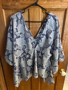 Anthropologie Blue and White Checked Floral Blouse